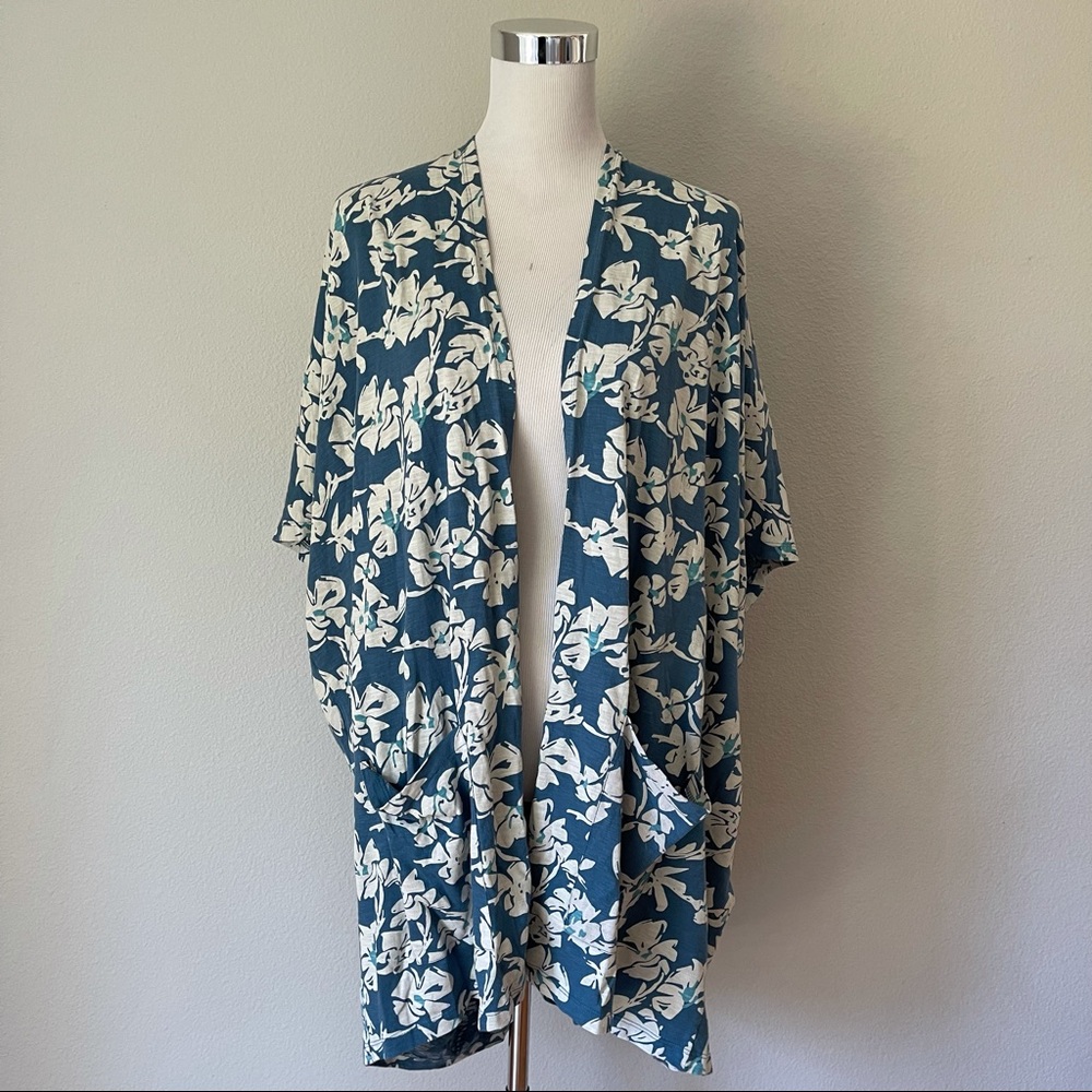Natural By Known Supply Blue Floral Stretch Jersey Knit Cardigan Kimono Size XL